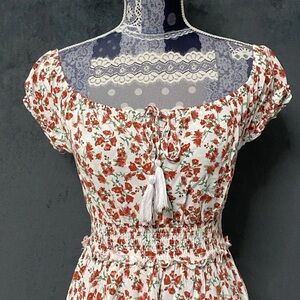 Vine and Valley Maxi Dress Red White M Smocked Floral Off Shoulder Cottagecore